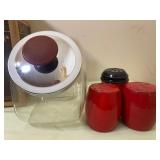 Small Glass Canister, Metal Lid w/ Red/Brown Handle (New in Box), Vintage Salt/Pepper and Gemco Cheese Shakers