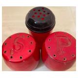 Small Glass Canister, Metal Lid w/ Red/Brown Handle (New in Box), Vintage Salt/Pepper and Gemco Cheese Shakers
