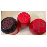 Small Glass Canister, Metal Lid w/ Red/Brown Handle (New in Box), Vintage Salt/Pepper and Gemco Cheese Shakers