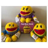 Pac Man Bank and (3) Plush Beanie Style Toys, All New