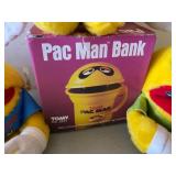 Pac Man Bank and (3) Plush Beanie Style Toys, All New