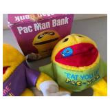 Pac Man Bank and (3) Plush Beanie Style Toys, All New