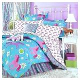 GIRLS TURQUOISE BLUE & PINK PONY HORSE COMFORTER SET W/SHEETS