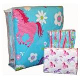 GIRLS TURQUOISE BLUE & PINK PONY HORSE COMFORTER SET W/SHEETS