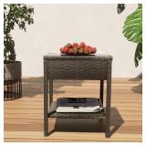 $48 Outdoor Rattan Side Table with Glass Top and Storage, Brown
