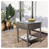 $48 Outdoor Rattan Side Table with Glass Top and Storage, Brown