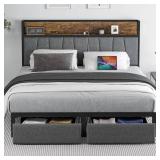 $151 Queen Size Bed Frame with Headboard, LED Light, Storage Drawers