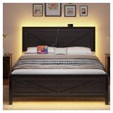 $140 LED King Bed Frame with USB, Platform Bed, Headboard, Black