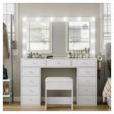 $240 White Vanity Desk with Illuminated Mirror, 12 LED Lights