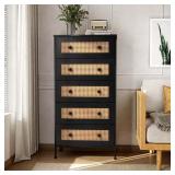 $100 Pellebant 5-Drawer Rattan Dresser, Tall Chest, Black