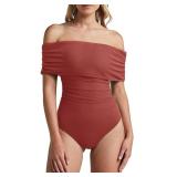 REORIA Womens Off Shoulder Mesh Top Bodysuits Sexy Seamless Ribbed Thong Body Suits Jumpsuit Rusty Red S