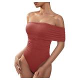 REORIA Womens Off Shoulder Mesh Top Bodysuits Sexy Seamless Ribbed Thong Body Suits Jumpsuit Rusty Red S