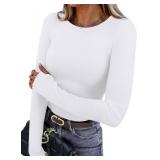 Thermal Shirts for Women Crewneck Long Sleeve Tops with Thumb Holes Light Fleece Slim Fit Fall Fashion Must Haves Quiet Luxury Clothes XS A-White