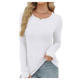 Thermal Shirts for Women Crewneck Long Sleeve Tops with Thumb Holes Light Fleece Slim Fit Fall Fashion Must Haves Quiet Luxury Clothes XS A-White