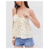Women Floral Cami Top Y2k Ruffled Hem Flower Halter Backless Top Bow Tie Elastic Waist Spaghetti Strap Tank Top, Medium (STOCK PHOTO NOT EXACT)