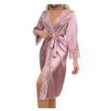 OYOANGLE Womens Silk Robe Long Lace Trim Satin Kimono Sleeve Sexy Soft Lightweight Vacation Sleepwear Robe Pink Medium