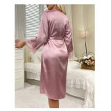 OYOANGLE Womens Silk Robe Long Lace Trim Satin Kimono Sleeve Sexy Soft Lightweight Vacation Sleepwear Robe Pink Medium