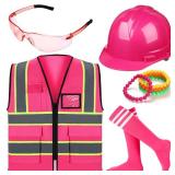 Geiserailie 9 Pcs Neon Construction Worker Costume Reflective Vest Hat Glasses Bracelet Socks for Women Football Spirit Week (Rose Red)
