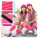 Geiserailie 9 Pcs Neon Construction Worker Costume Reflective Vest Hat Glasses Bracelet Socks for Women Football Spirit Week (Rose Red)