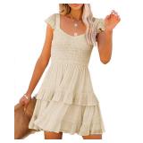 Women Summer Dresses Casual Boho Smocked Ruffle Sun Beach Babydoll Mini Dress Layered Flowy Swing Dress, Medium