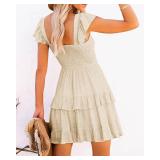 Women Summer Dresses Casual Boho Smocked Ruffle Sun Beach Babydoll Mini Dress Layered Flowy Swing Dress, Medium