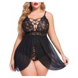 Avidlove Plus Size Babydoll for Women Sexy Lace Lingerie Set Mesh Chemise Sleepwear (Black, Large)