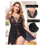 Avidlove Plus Size Babydoll for Women Sexy Lace Lingerie Set Mesh Chemise Sleepwear (Black, Large)