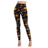 Pumpkin Print Leggings Halloween Horror Nights Bat High Waist Casual Pants for Women M