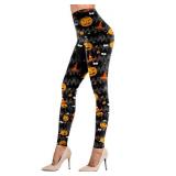Pumpkin Print Leggings Halloween Horror Nights Bat High Waist Casual Pants for Women M