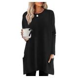 XIEERDUO Womens Tops Loose Fit Tunic Tops Business Casual Long Sleeve Shirts for Women High Low Tops with Pockets Quiet Luxury Clothes Black L