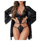 Avidlove Lingerie for Women Lace Teddy Bodysuit with Black Robe Sexy 2 Piece Lingerie Set (Black, Medium)