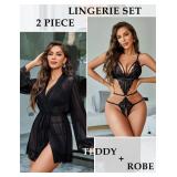 Avidlove Lingerie for Women Lace Teddy Bodysuit with Black Robe Sexy 2 Piece Lingerie Set (Black, Medium)