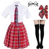 Japanese Tartan Pleated School Uniform Cosplay Costumes with Socks Eyeglass Frame Set (Red)(M = Asia L)(SSF09)