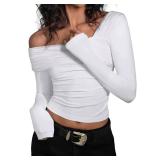 REORIA Womens Crop Tops Long Sleeve Crop Tops Mesh Off The Shoulder Top Valentine Shirts for Women White Medium
