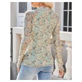 iGENJUN Lace Long Sleeve Shirts Floral Mesh Mock Neck Going Out Tops for Women Business Casual Fashion Fall Outfits 2025, Light Green Floral,XL