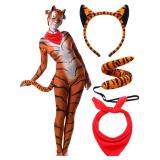 Suncalla 3 Pcs Tiger Adult Costume Ear Headband Tail Red Bandana Cereal Mascot Costume Animal Tiger Halloween Supplies for Cosplay Party