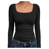 Trendy Queen Womens Long Sleeve Shirts Crop Tops Fall Fashion 2025 Square Neck Going Out Basics Tees Y2k Clothes Black XS