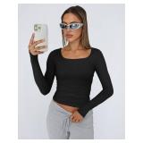 Trendy Queen Womens Long Sleeve Shirts Crop Tops Fall Fashion 2025 Square Neck Going Out Basics Tees Y2k Clothes Black XS