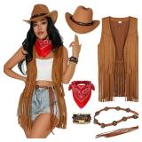 GERVAISE Womens Western Cowgirl Costume 70s Hippie Tassels Fringe Vest outfit Hat 5pcs (Brown, X-Large) (NO BANDANA)