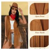 GERVAISE Womens Western Cowgirl Costume 70s Hippie Tassels Fringe Vest outfit Hat 5pcs (Brown, X-Large) (NO BANDANA)