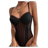 Lilosy Sexy Strappy Wireless Mesh Sheer Babydoll Lingerie Women Teddy Bodysuit Corset Bustier Nightgown Nightshirt See Through One Piece Black Small