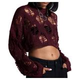 Vinsekep Womens Gothic Short Sweaters Casual Hallow Out Oversized Punk Goth Black Sweater Long Sleeve Ripped Crop Tops with Holes OneSize Burgundy Red, Large