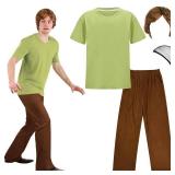 Apragaz Mens Halloween Costumes Adult, Green Shirt, Brown Pants, Men Short Wavy Brown Wig Mens Retro Mystery Solver Cosplay Outfit(L)