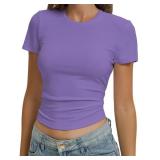 Women Casual Basic T Shirts Top Y2k Crop Tops Trendy Tight Tshirts Tee Slim Fit Clothes(2#Purple,XS)