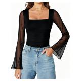 Avidlove Bodysuits for Women Long Bell Sleeve Mesh Square Neck Body Suits Going Out Ruched Bodysuit Tops Concert Outfits Black XXL