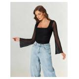 Avidlove Bodysuits for Women Long Bell Sleeve Mesh Square Neck Body Suits Going Out Ruched Bodysuit Tops Concert Outfits Black XXL