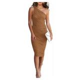 PRETTYGARDEN One Shoulder Dresses for Women 2025 Summer Ruched Mesh Asymmetrical Cocktail Wedding Guest Bodycon Dress (Light Brown,Small)