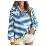 EVALESS Sweatshirt for Women Oversized Striped Casual Long Sleeve Shirts for Women Cute Comfort Colors Hoodless Hoodies Loose Fit Half Zip Pullover Tops Trendy 2024 Fall Fashion Outfits Blue Large