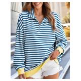 EVALESS Sweatshirt for Women Oversized Striped Casual Long Sleeve Shirts for Women Cute Comfort Colors Hoodless Hoodies Loose Fit Half Zip Pullover Tops Trendy 2024 Fall Fashion Outfits Blue Large