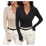 Meetrendi 2 Pack Womens Long Sleeve V Neck Polo Shirts Business Casual Collared Work Top Slim Fitted Basic 2025 Fall Outfit, M